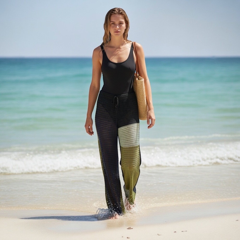 Plus 1X Open Knit Colorblock Beach Cover‎ Up Wide Leg Pants Boho Drawstring